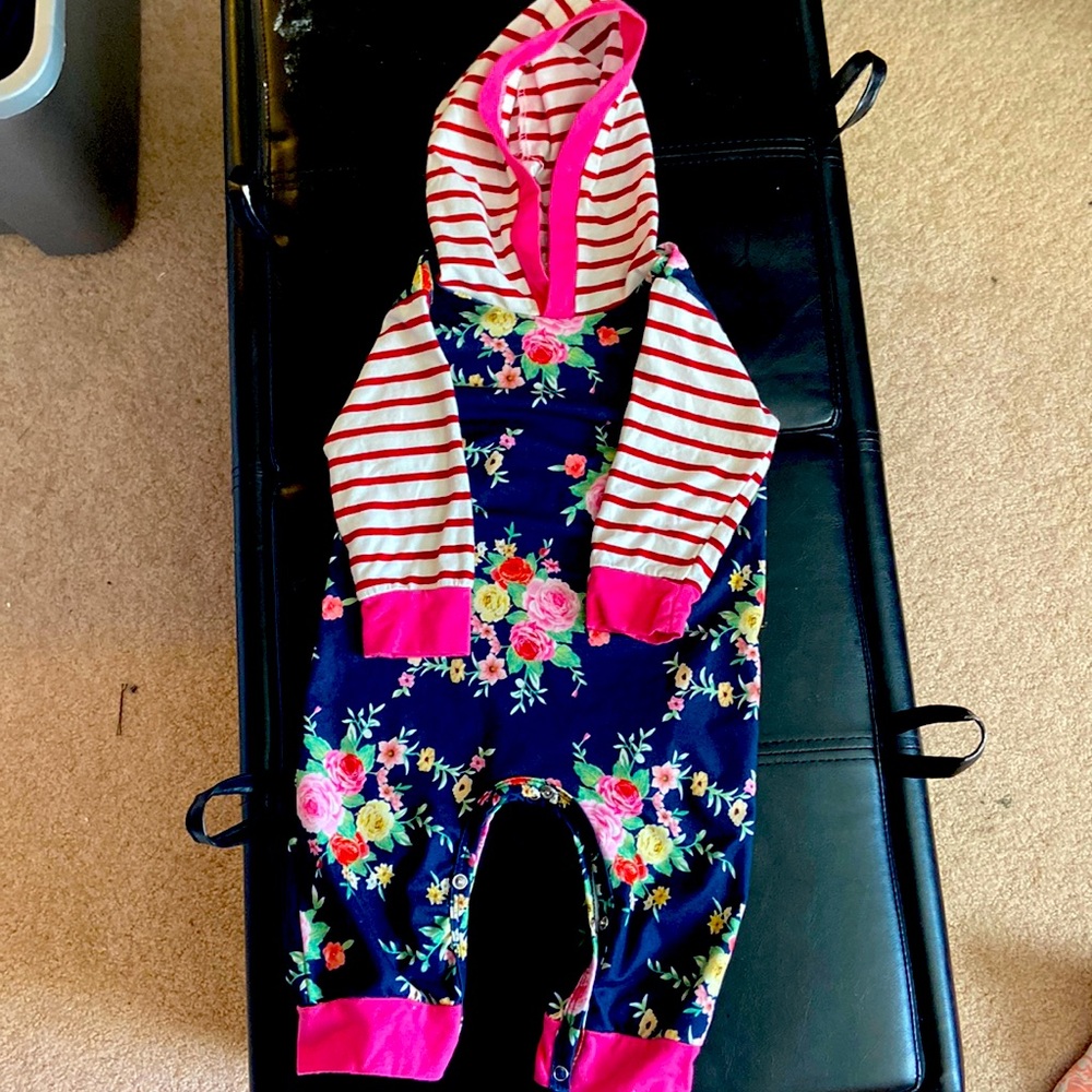 Adorable floral and striped hooded romper